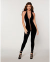 Opaque Knitted Halter Bodystocking w/Plunging Neckline - Black O/S