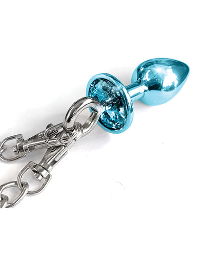 Nixie Metal Butt Plug w/Inlaid Jewel & Fur Cuff Set - Blue Metallic