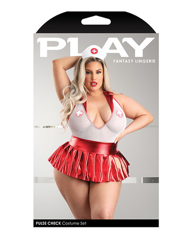 Play Pulse Check Collared Teddy w/Open Back, Pleated Skirt, Medic Hat & Pasties Red/White 1X/2X