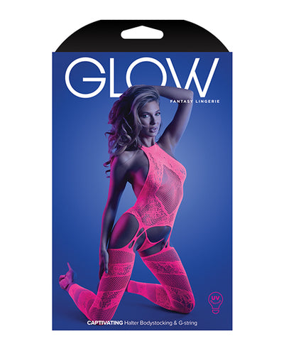 Glow Captivating Halter Bodystocking & G-String Neon Pink O/S