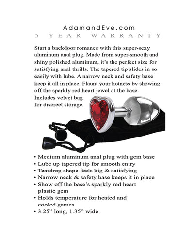 Adam & Eve Red Heart Gem Anal Plug - Medium Red/Chrome