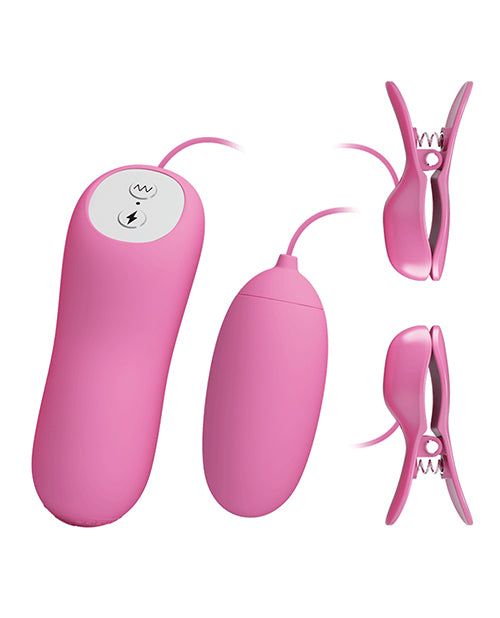 Pretty Love Electric Shock Vibro Nipple Clamps & Bullet - Pink