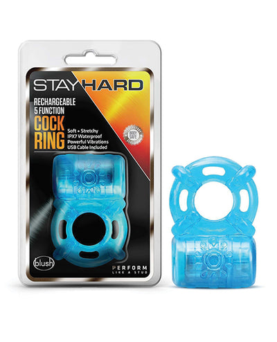 Blush Stay Hard Rechargeable 5 Function Cock Ring- Blue