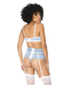 Scallop Stretch Lace Bra, Garter Belt & G-String Light Blue/White S/M