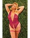 Scallop Stretch Lace Crotchless Teddy w/Lace Up Front Raspberry OS/XL