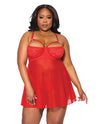 Holiday Scallop Stretch Lace & Mesh Babydoll & Thong Red/Gold 3X/4X