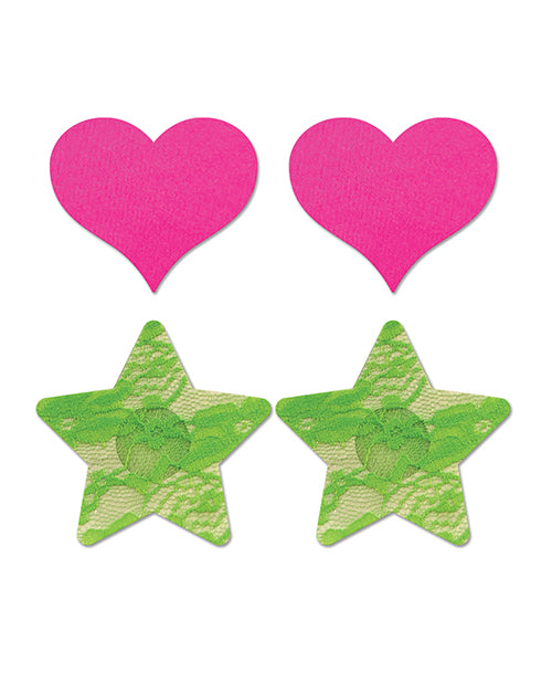 Fantasy UV Reactive Neon Heart & Lace Star Pasties - Pink & Green O/S Pack  of 2