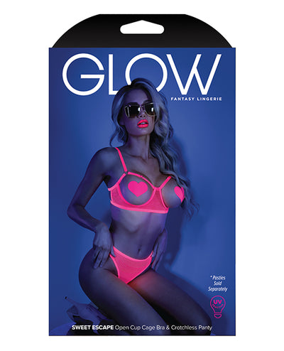 Glow Black Light Open Cup Bra & Crotchless Panties (Pasties Not Included) Neon Pink L/XL