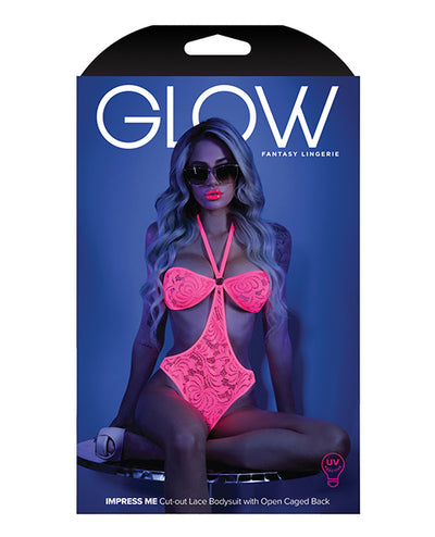 Glow Black Light Halter Bodysuit w/Open Sides Neon Pink L/XL