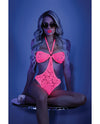 Glow Black Light Halter Bodysuit w/Open Sides Neon Pink M/L