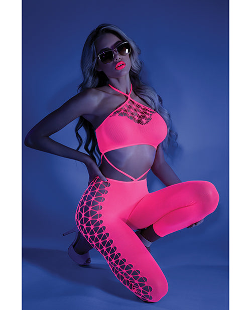 Glow Black Light Cropped Cutout Halter Bodystocking Neon Pink O/S