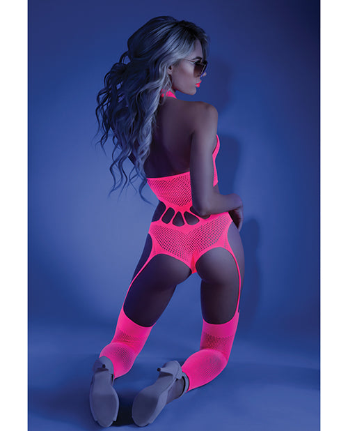 Glow Black Light Footless Teddy Bodystocking Neon Pink O/S