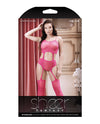 Sheer Afterglow Cut Out Teddy w/Attached Footless Stockings - Berry Pink