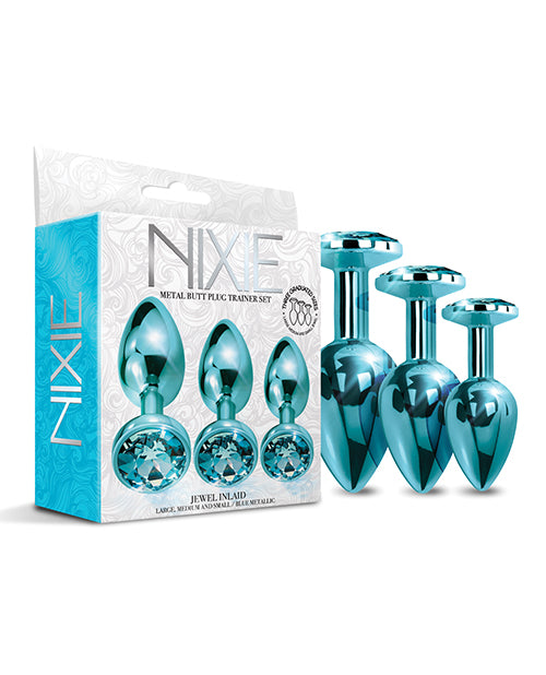 Nixie Metal Butt Plug Trainer Set w/Inlaid Jewel - Blue Metallic