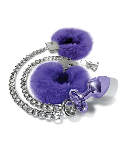 Nixie Metal Butt Plug w/Inlaid Jewel & Fur Cuff Set - Purple Metallic