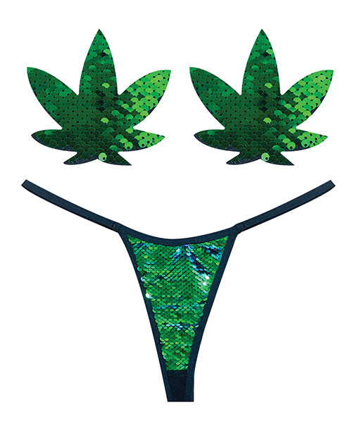 Neva Nude Naughty Knix Weed Leaf Sequin G-String & Pasties - Green  O/S
