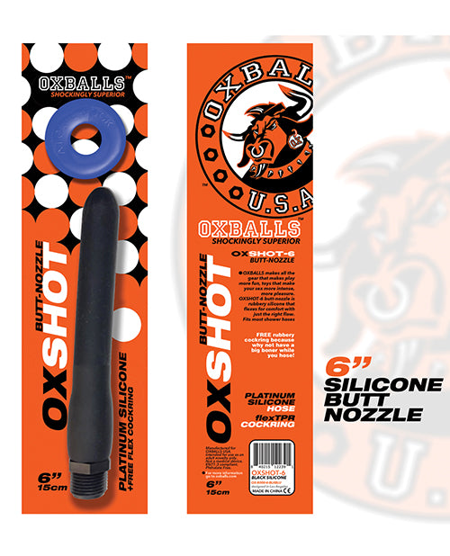 Oxballs Oxshot 6" Silicone Butt Nozzle w/Flex Cockring - Black/Blue