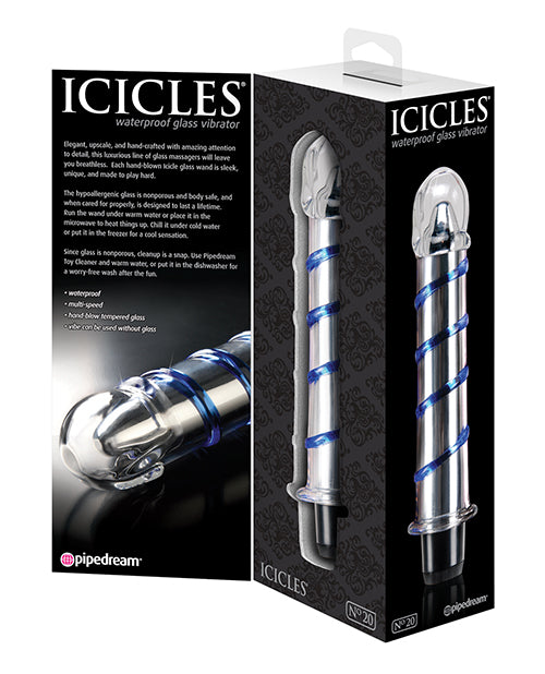 Icicles No. 20 Hand Blown Glass Vibrator Waterproof - Clear w/Blue Swirls