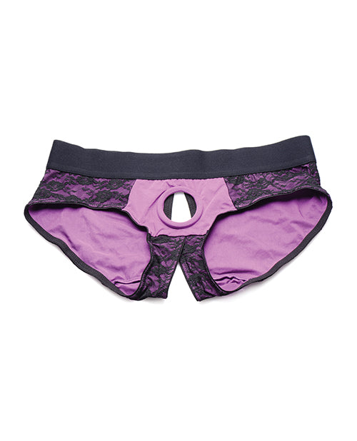 Strap U Lace Envy Crotchless Panty Harness - 2XL Purple